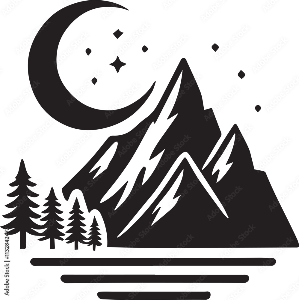 Obraz premium A single tall mountain with a crescent moon hovering above vector silhouette