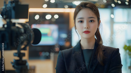 Korean woman announcer in studio engaging news presentation modern office environment