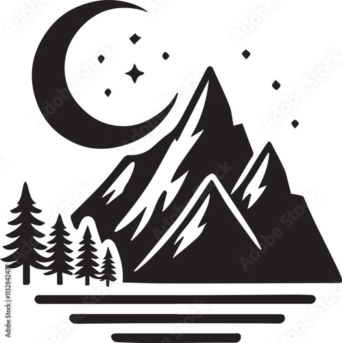 A single tall mountain with a crescent moon hovering above vector silhouette