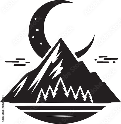 A single tall mountain with a crescent moon hovering above vector silhouette