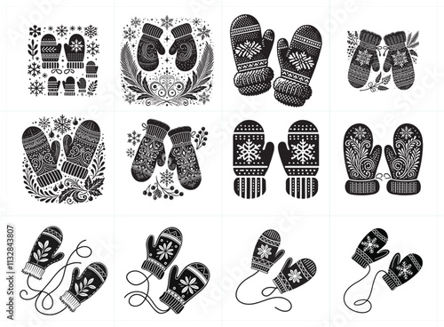 Detailed Winter Mittens Silhouette with Decorative Elements and Snowflakes