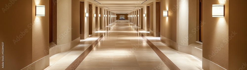 Fototapeta premium Long Hotel Corridor With Soft Lighting And Elegant Design