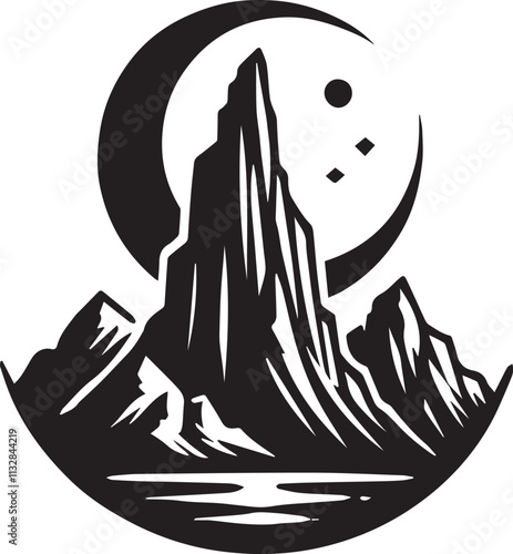 A single tall mountain with a crescent moon hovering above vector silhouette