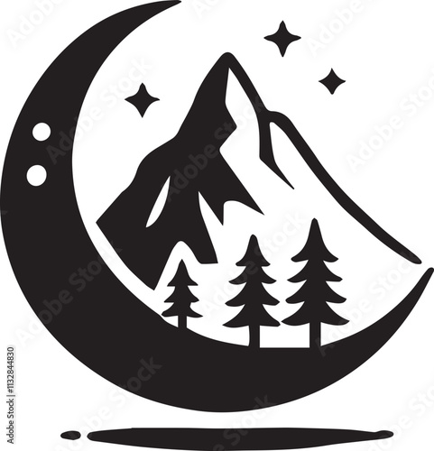 A single tall mountain with a crescent moon hovering above vector silhouette