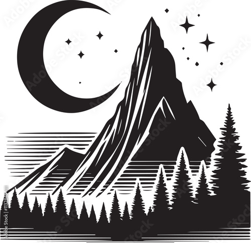 A single tall mountain with a crescent moon hovering above vector silhouette