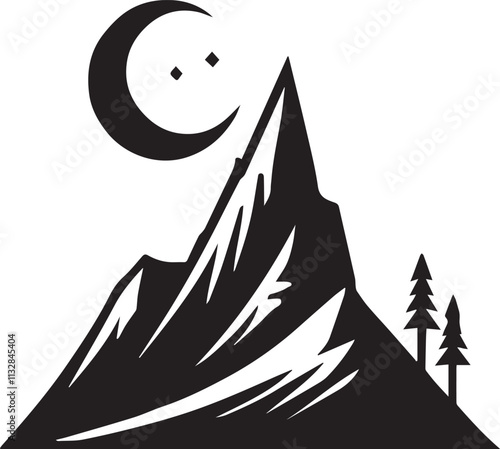 A single tall mountain with a crescent moon hovering above vector silhouette