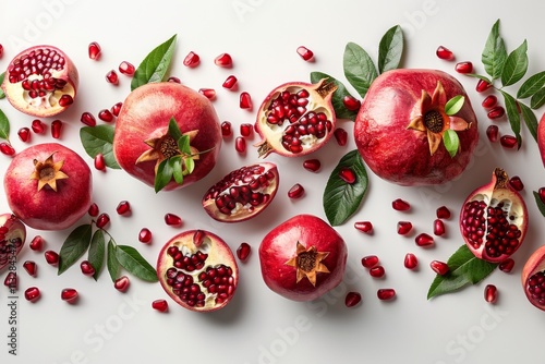 Pomegranate and half slices suspended in the air with green leaves isolated on white background. Generative AI photo