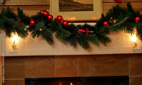 Close-up of Christmas garland with red bows and ornaments hanging on a rustic wooden shelf. photo