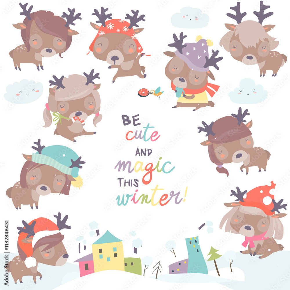 Fototapeta premium Set with cute little deers on winter background. Vector illustration