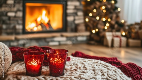 Wallpaper Mural cozy fireplace with red glasses and candles creates a warm holiday atmosphere. Torontodigital.ca