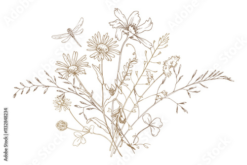 Field, meadow, wild flowers and herbs clover, chamomile and butterfly with bumblebee. Line art is a simple hand-drawn illustration in beige, ochre, brown ink. Bouquet flowers vector EPS