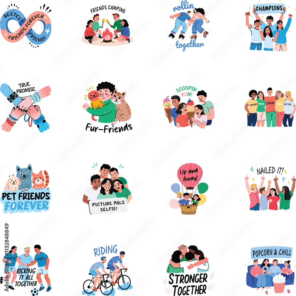 Fototapeta premium Collection of Friendship Day Flat Style Stickers 