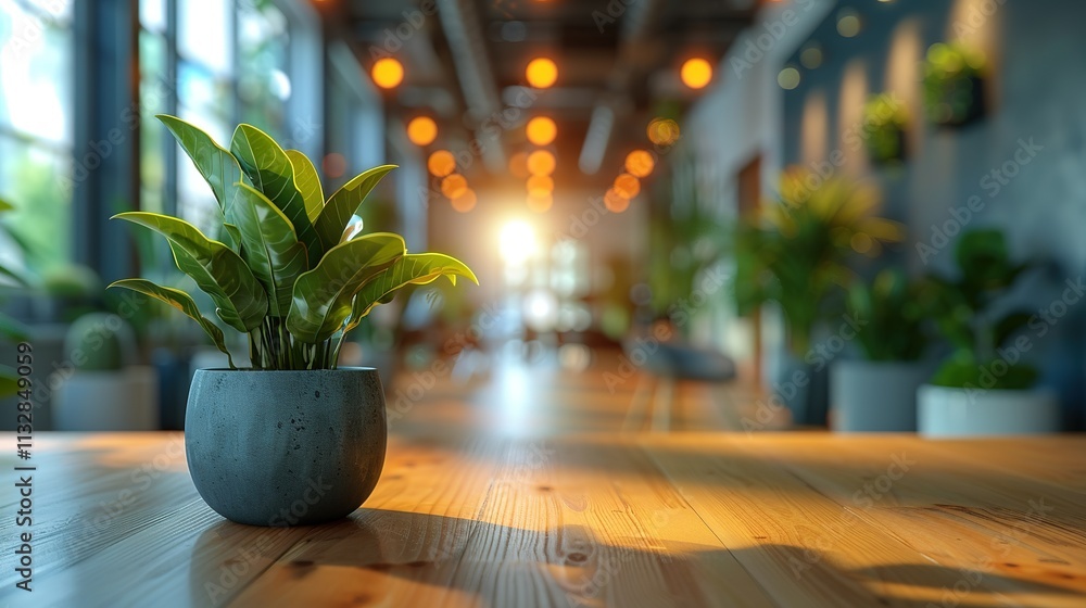 Fototapeta premium A potted plant sits on a wooden table in a modern setting.