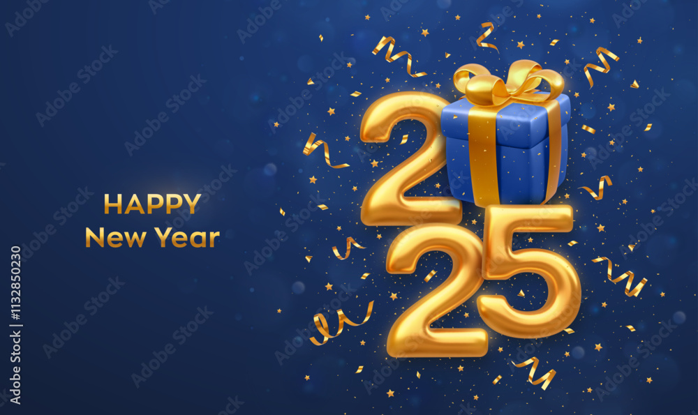 Fototapeta premium Happy New 2025 Year. Golden metallic luxury numbers 2025 with blue gift box with golden bow on blue background. Merry Christmas and Happy New Year 2025 greeting card. Vector illustration.