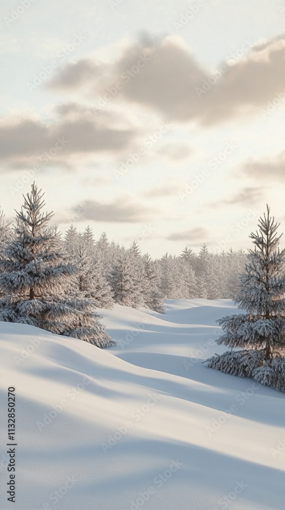 Obraz premium Distant snow-covered pine trees under a cloudy sky