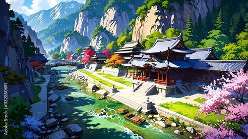 Chinese temple next to the river cartoon anime