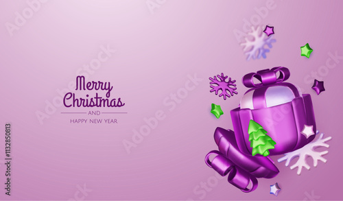 Happy New Year and Merry Christmas. Christmas holiday background with realistic 3d objects, bauble balls, conical metal stars. Levitation falling design composition.