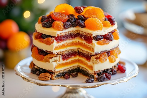  Un pastel de capas relleno de crema, decorado con frutas secas como pasas, albaricoques y nueces, sobre un elegante soporte.
 photo