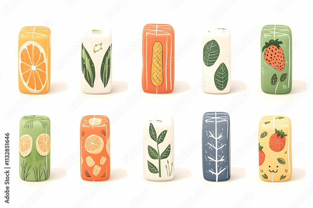 Fototapeta premium Colorful Fruit and Leaf Patterns on Stylized Containers for Creative and Whimsical Design Projects