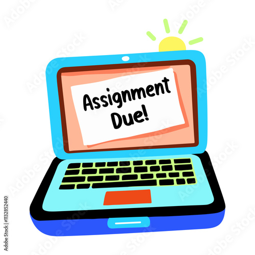 A flat sticker of a laptop written assignment due on its screen 