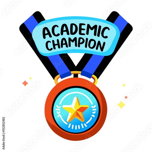 Flat sticker of a medal with academic champion typography 