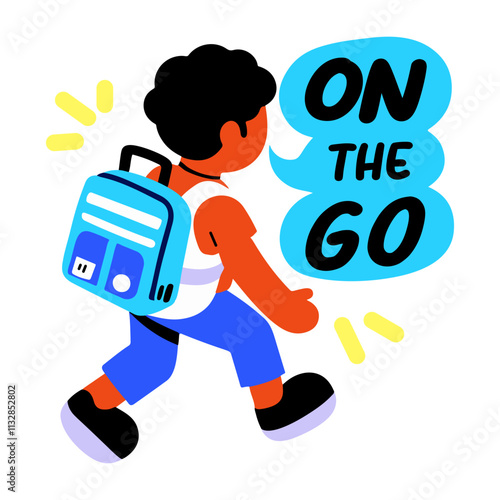 A flat sticker of a student going school with on the go typography 