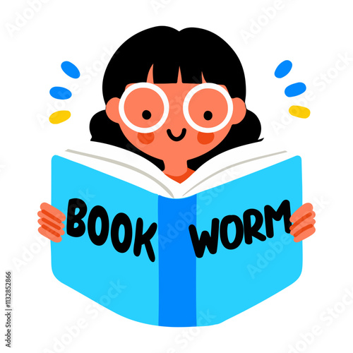 A flat sticker of a bookworm character reading a book 