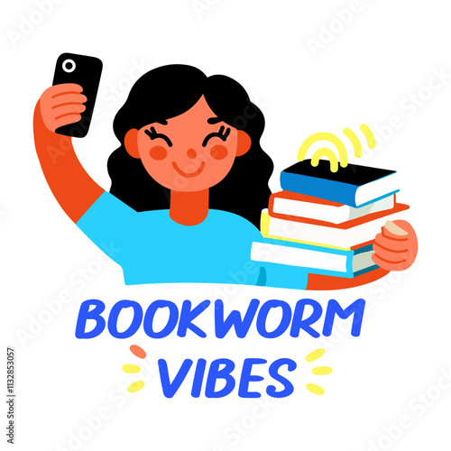 A flat sticker of a character taking selfie with books with bookworm vibes typography 
