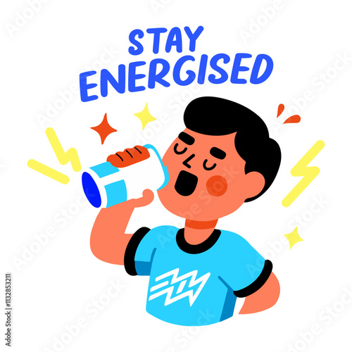 A flat sticker of a student drinking soda can with stay energised typography 
