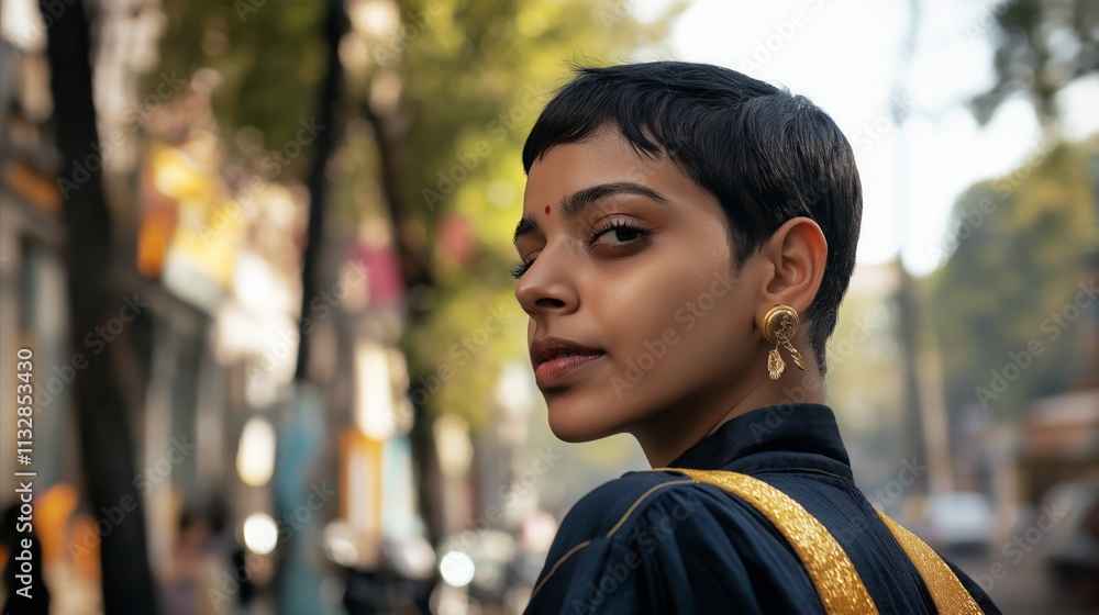 Fototapeta premium Woman with short hair and gold earrings