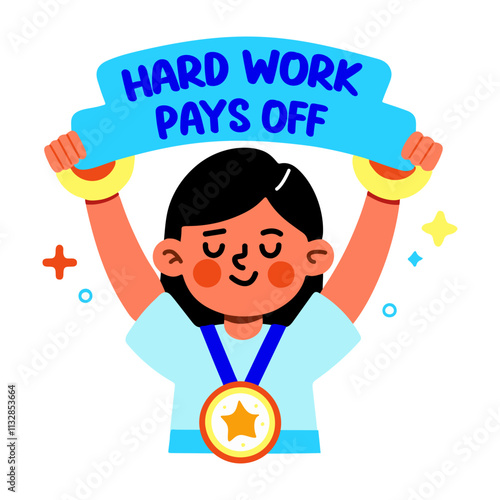 A flat style character accomplishment sticker with hardwork pays off typography 