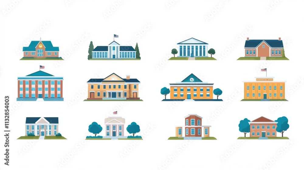 Fototapeta premium Design inspiration featuring a diverse array of school structures in flat illustration style.
