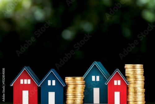 Pequeñas casas de colores rojo y azul junto a pilas de monedas doradas en un entorno natural, representando el crecimiento financiero y la inversión inmobiliaria.
