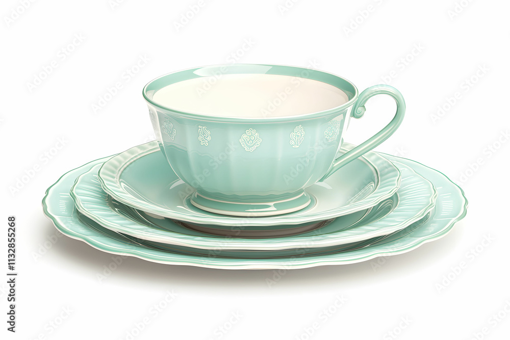 Fototapeta premium Elegant Mint Green Fine China Tea Set with Decorative Floral Design on Plates and Cup