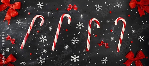 A black chalkboard-like background with bright white chalk-style Christmas designs, candy canes, and tiny red bows