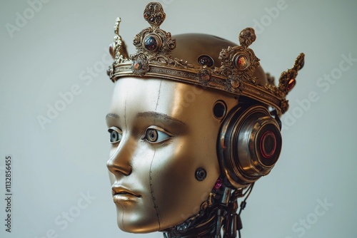 A metallic robot portrait adorned with a crown, embodying a regal and sophisticated demeanor. photo