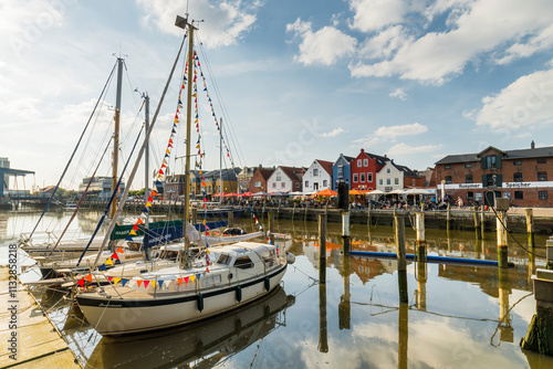 Fotografi Husumer Au, Hafen, Husum, Schleswig Holstein, Deutschland