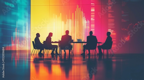 Representatives from various countries engaging in a roundtable discussion about global markets, prominent charts and graphs displayed. A world map in a background, collaboration and global unity
