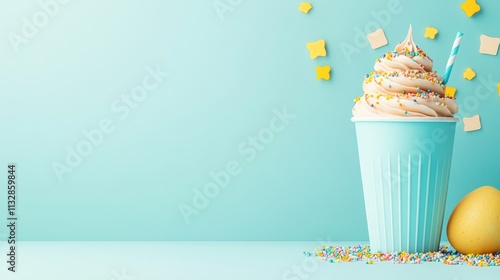 A vibrant cupcake with swirled icing, colorful sprinkles, and a striped straw sits beside a yellow egg against a soft blue background, Ideal for food blogs, events, or advertising sweet treats, photo