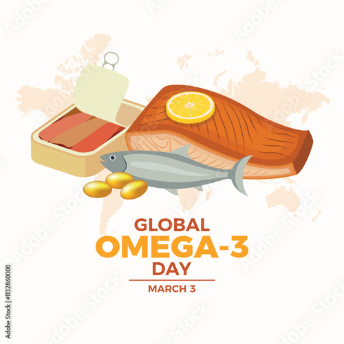 Global Omega-3 Day poster vector illustration. Fish oil supplement, canned sardines, salmon fillet icon set vector. Template for background, banner, card. March 3 every year. Important day