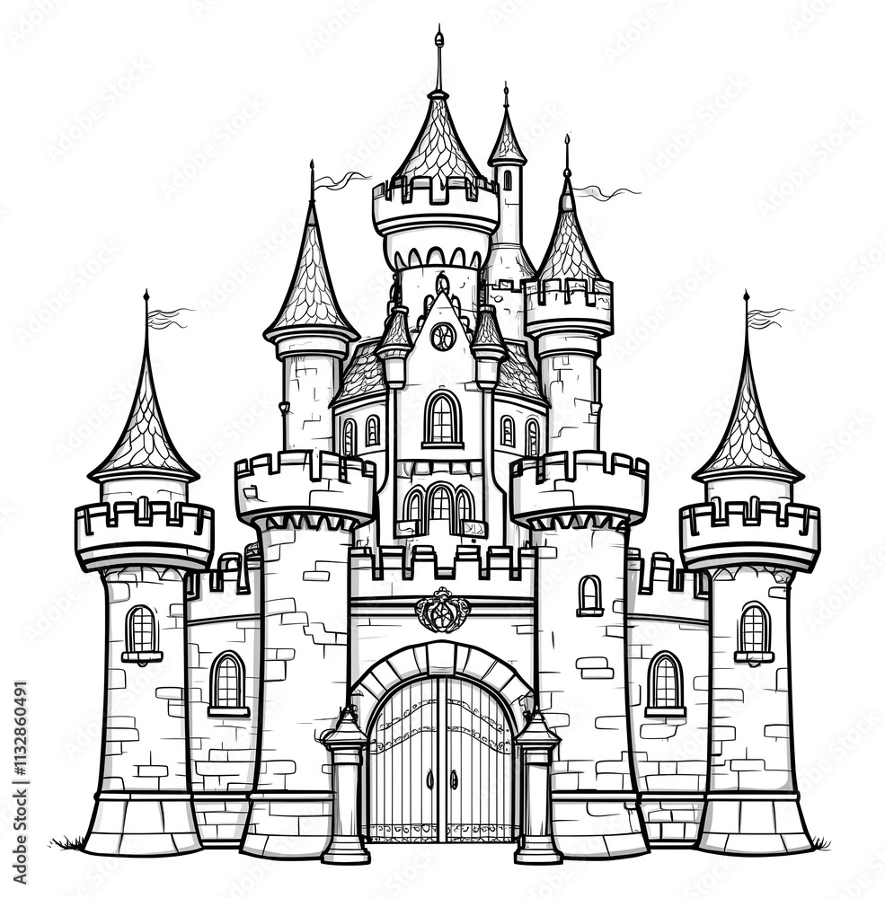 Obraz premium fairy tale castle with turrets, drawbridge, and ornate gates coloring page