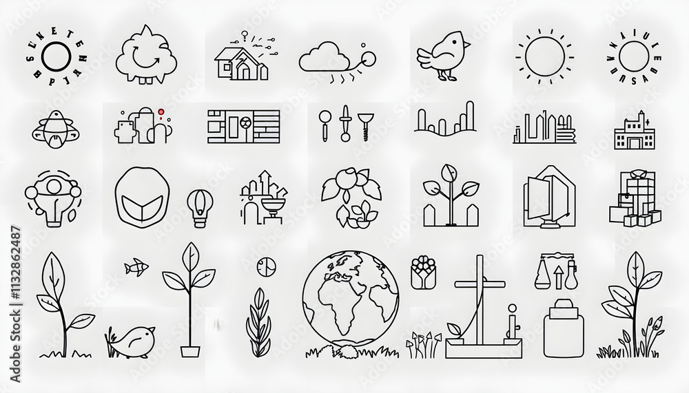 Fototapeta premium net zero, eco, sustainable development editable stroke outline icons set isolated on white background flat illustration. Pixel perfect. Vector style, clipart style