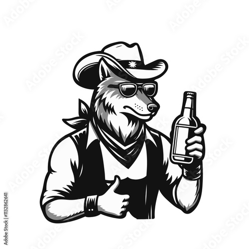 Cool wolf dressed as a cowboy, wearing sunglasses and holding a bottle, in a fun vintage style. High-quality isolated vector illustration perfect for logos, apparel, and themed designs.