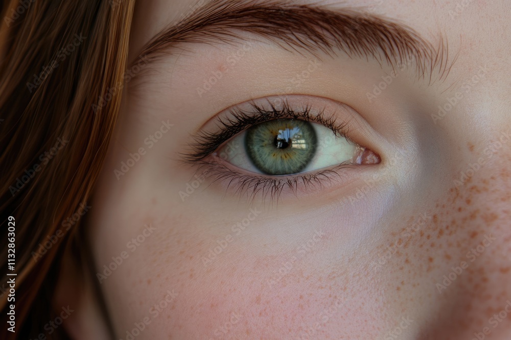 Obraz premium Close-up of a woman's eye with green iris, showing freckles and long eyelashes.