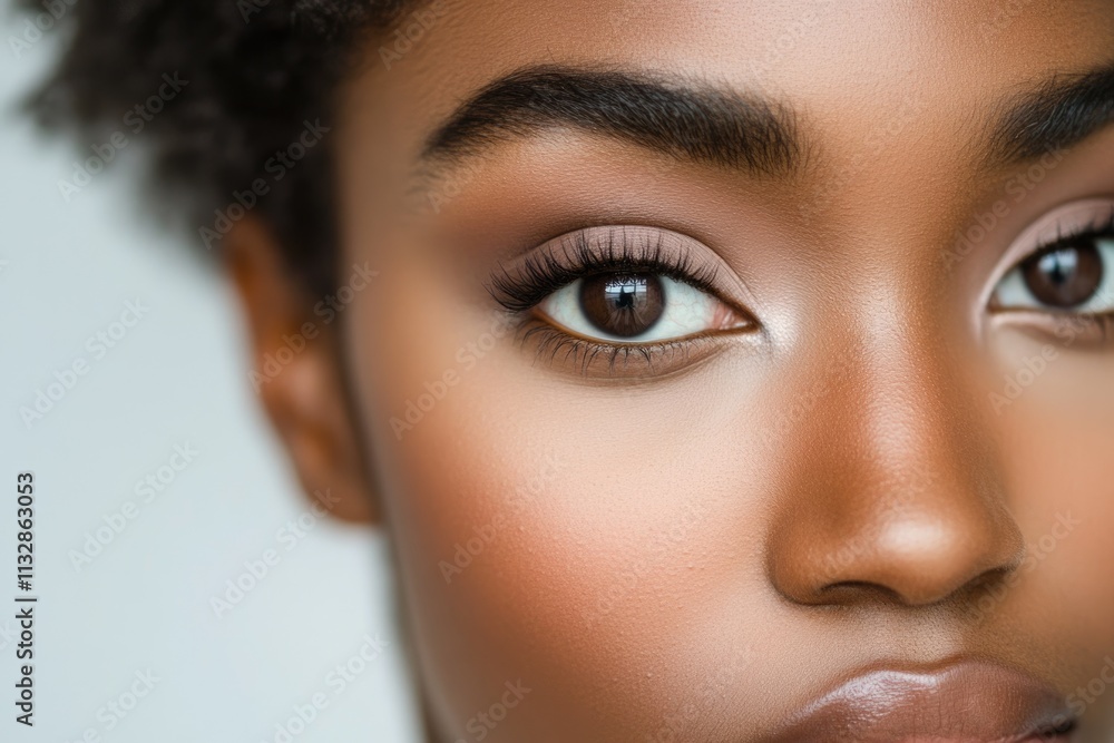 Naklejka premium Close-up of a woman's eye, showcasing flawless makeup and expressive dark eyes.