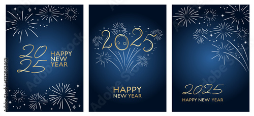 Elegant New Year greeting card design vector. Golden and white lettering and fireworks on blue background.
