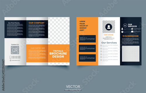 Simple orange black trifold brochure. Construction company profile template