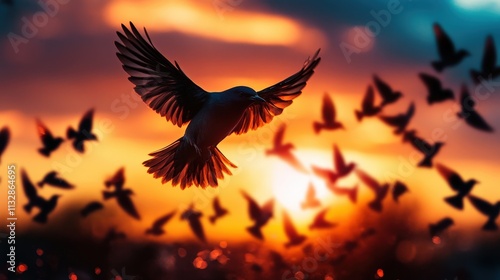 A flock of birds soars gracefully through a breathtaking sunset sky, capturing the essence of freedom and beauty in nature, evoking emotions of tranquility and awe.
