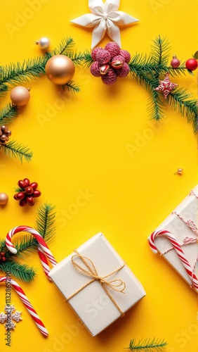 Festive Christmas mockup background with decorations and presents for holiday card designs and greetings