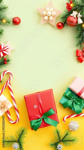 Blank Christmas mockup for text with holiday decorations and presents on colorful backdrop
